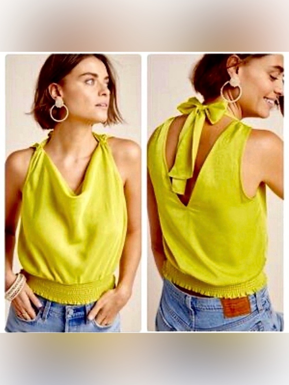 Anthropologie Maeve Alida Cowl Neck Satin Blouse Chartreuse Lime Size 10